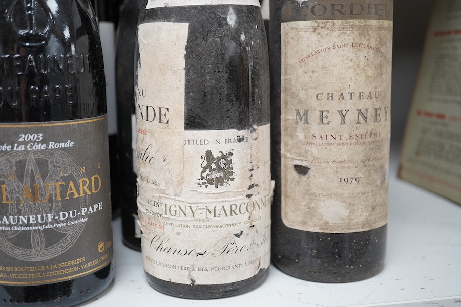 Eighteen various bottles of French wine to include Chateau Meyney Saint Estephe 1979, Paul Autard Chateauneuf-du-pape 2003 etc. Condition - externally poor to good, storage unknown